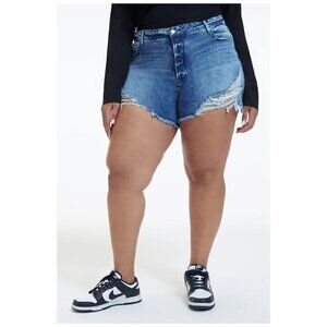 Good American NWT $124 Bombshell Shorts in Denim Blue Distressed Women's Sz 24